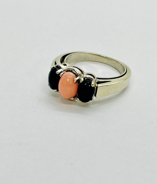 14 Karat White Gold 3 across Natural Coral Ring with built in Arthritis Guard in Gold