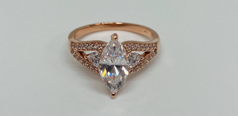 14K Rose Gold Engagement Ring set with 12x6 mm Marquise 2ct Zsophia Lab made Diamond and 31 accented stones.   Manufactured Showcase Sample