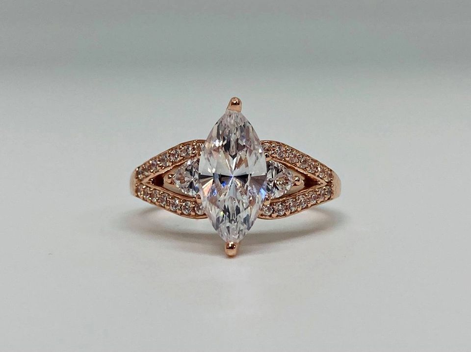 14K Rose Gold Engagement Ring set with 12x6 mm Marquise 2ct Zsophia Lab made Diamond and 31 accented stones.   Manufactured Showcase Sample