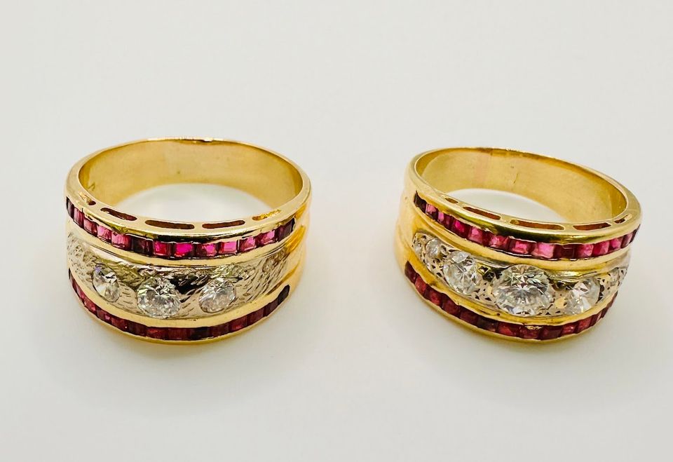 Consignment Custom Made 18 Karat Natural Rubies & Diamonds Matching Rings