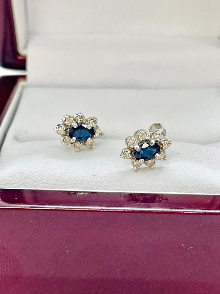 High End Estate Jewellery 14K White Gold Natural Sapphire&Diamonds Earrings