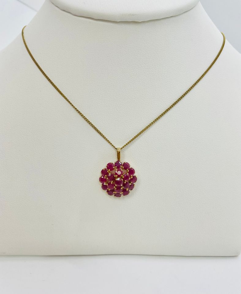 10K Yellow Gold Natural Rubies Cluster Pendant 16mm